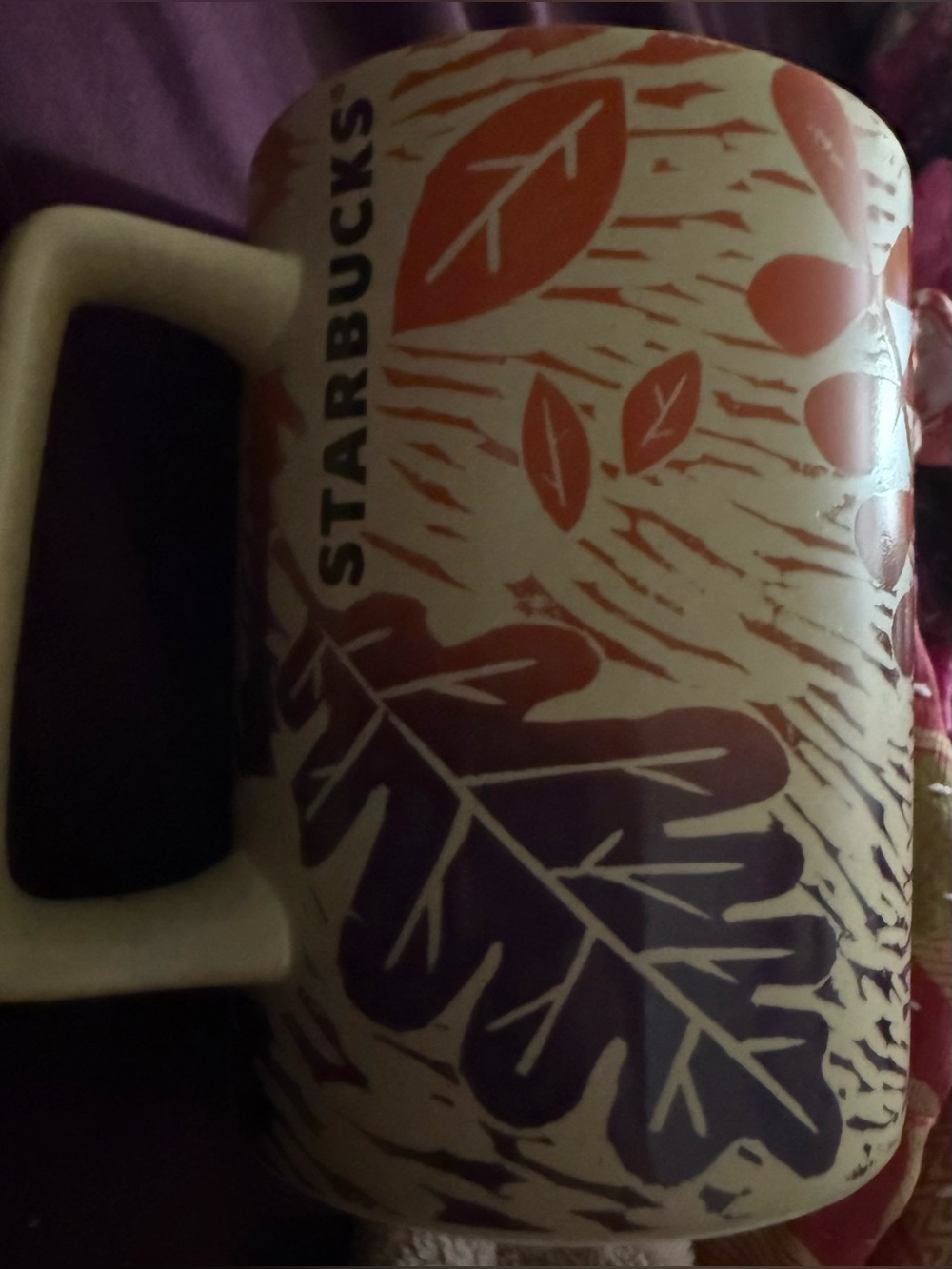Starbucks Cream Mug with Orange and Purple Leaf Motif